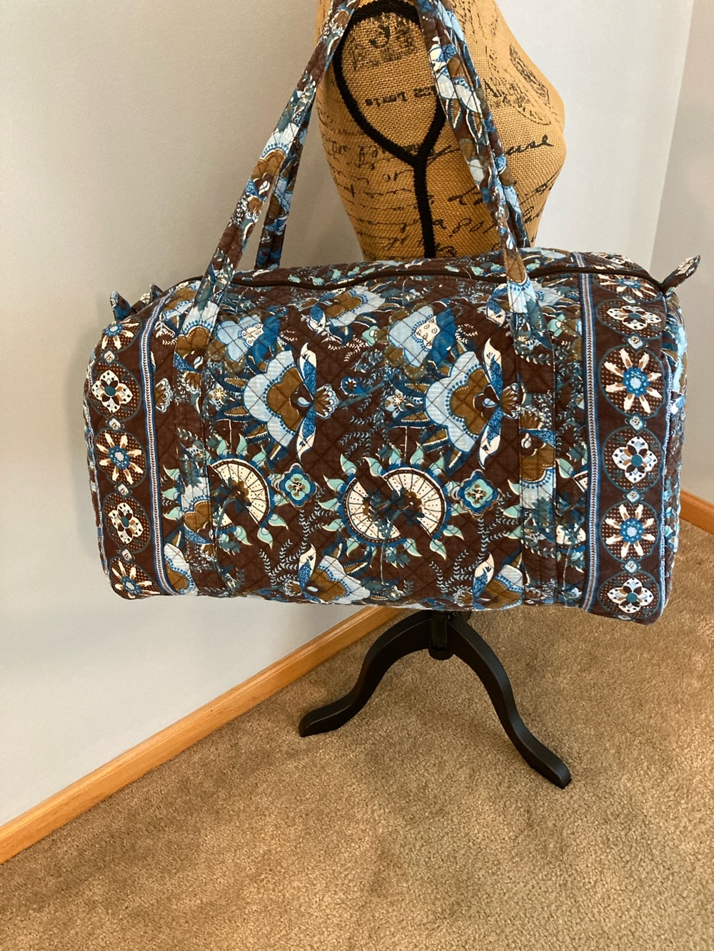 Quilted Weekender Travel Duffle Bag - Brown & Blue Floral